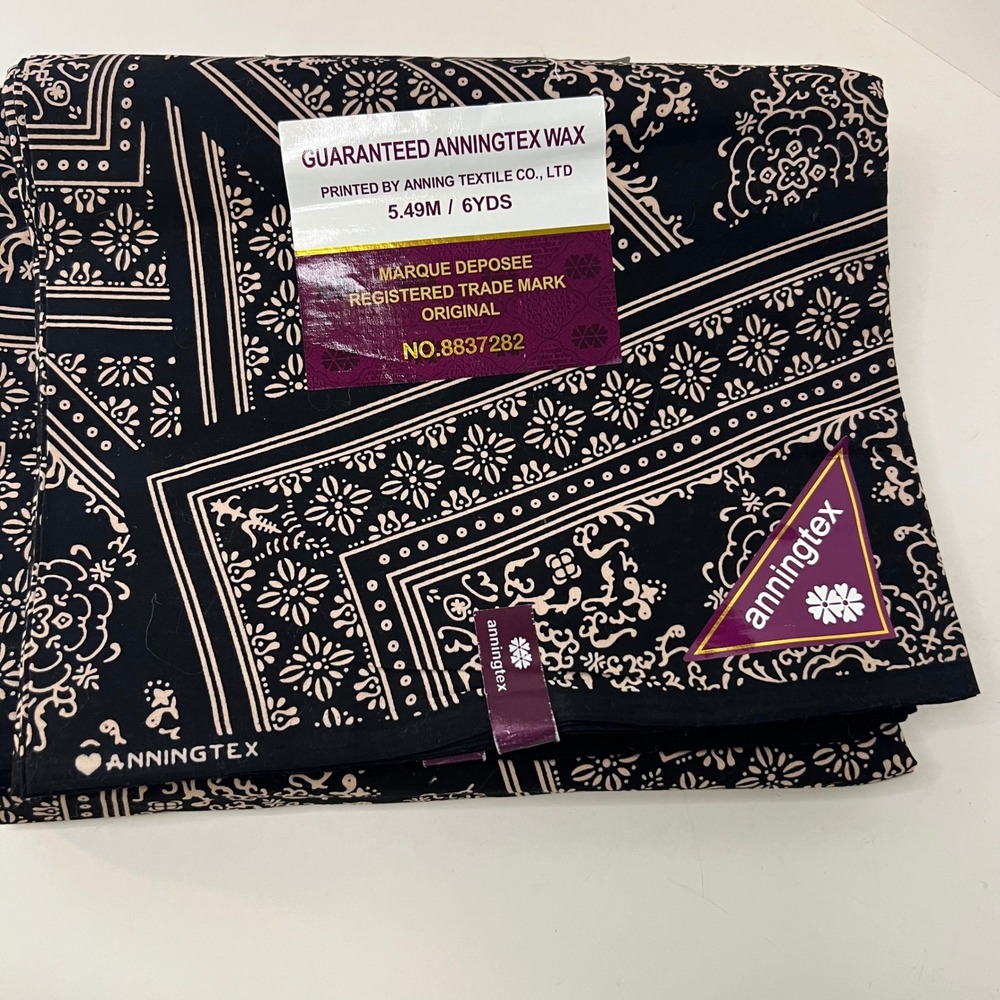Anningtex‎ Wax 6 yards Fabric African Print Cotton Black Cream NEW